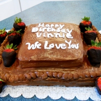 Chocolate Fudge And Strawberry Bday Cake 4 Layers of Whipped Cream, Strawberries and Fudge.