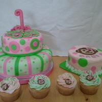 Pink Mod Monkey Little girls 1st birthday. Yellow raspberry cake with raspberry filling, covered in fondant. The monkey faces on the cupcakes were all cut...