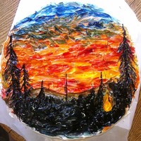 Sunset carrot cake for grandma with hand painted scene of sunset in woods in cinamin italin butercream