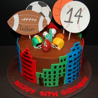 Sports And Big City City buildings are fondant with a little tylose power. The pieces on top are plastic picks and foam pieces attached to lollipop sticks. I...