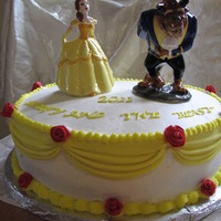 Beauty & The Beast Cake for a friend,daughter was Belle in Play-Cake for cast of play. Buttercream,fondant roses & swag. Mother purchased topper as gift...