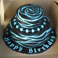 Turquoise Zebra Print Chocolate fudge cake with fudge cream filling covered in bitter sweet chocolate butter cream/ fondant