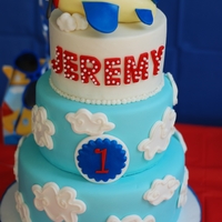 Airplane Themed First Birthday three tiered birthday cake with fondant/rkt edible topper