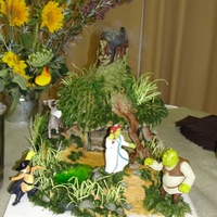 Shrek Grooms Cake Cake is constructed with tubing inserted into the chimney for Dry Ice Smoke. Completely edible except for skewers that support the roof.