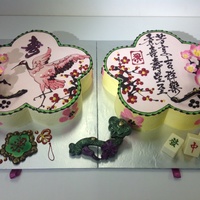 Oriental Chinese Cherry Blossom Pair Cake With Crane Drawing Oriental Chinese style Cherry blossom birthday pair cake With metallic chocolate Chinese longevity Plaque With 3D Cherry Blossom flowers...