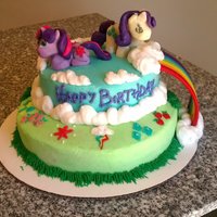 My Little Ponies A cake for my boyfriend's brother's birthday. My first time trying to make any 3d figures. Next time need to add more gumpaste...