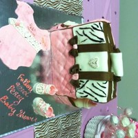 Zebra Print Baby Diaper Bag brown and white zebra print with pink Diaper Bag Cake. With fondant baby sneakers and fondant onsie. This was my 1st time doing it, and I...