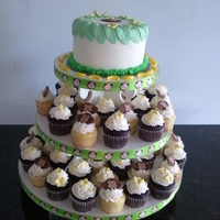 Monkey Baby Shower Monkey themed baby shower. Choc/Van cake and cupcakes with hand cut monkey faces and pressed flower blossoms, banana runts