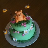 Baby Shower Bear Cake 1st baby shower cake! Vanilla bean cake with vanilla buttercream covered in fondant. The flowers are all fondant and the bees/bear are...