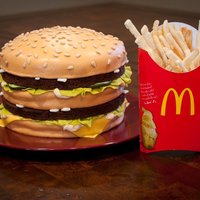 Big Mac Birthday Cake 8" brownie patties, chocolate cake, white chocolate ganache, IMBC, caramel and strawberry fillings, MMF decorations - with sugar...
