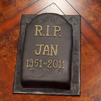 Rip Birthday Cake 8"x12" deep dark chocolate cake, chocolate buttercream, and black chocolate MMF, grayish buttercream piped words - for a birthday...