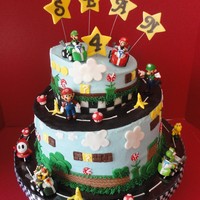 Super Mario Birthday My sons birthday cake! Iced in buttercream and all decorations, including the mushrooms and bananas are made with fondant except the...