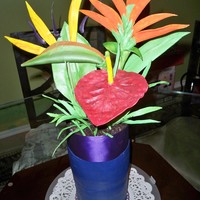 Bird Of Paradise Birthday Cake Bird of Paradise, anthuriam, heleconia, large tropical leaves and blades of grass made from sugar gumpaste. "Vase" is made of a 6...