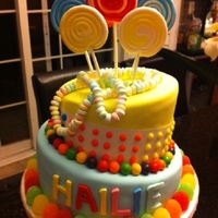Candy cake covered in fondant with fondant and candy details