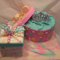 Happy Birthday Princess The bow on the lid and the curly cues are hand made. I painted the tiara to match the colors on the cake. I love making my own board covers...