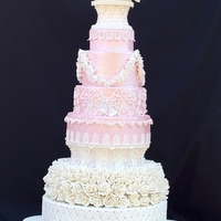 Pink Elegance Pink and White 10 Tier Weddidng Cake w/ 260 Gumpaste Roses and Gumpaste Lace