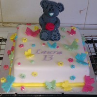 Me To You Bear / Tatty Teddy raspberry flavoured madeira sponge with raspberry jam. covered in fondant with a fondant bear and fondant accents