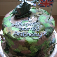 Army Cake Made this Army cake for a soldier returning home to the UK from a tour. Painted the camouflage and added helicopter, flag and soldiers.