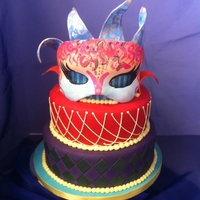 Masquerade Cake Stripes on top tier and diamonds on bottom tier are painted on, middle tier is piped, the mask and collar are pastilage that was painted....