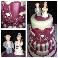 Burgandy And Cream Wedding Cake With Bows And Flowers And Bride And Groom Topper *