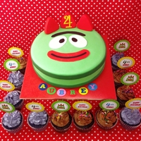 Brobee From Yo Gabba Gabba! Chocolate cake covered in homemade marshmallow fondant with matching cupcakes. All edible.