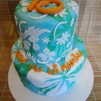 Hawaiian Happy Birthday Hawaiian hibiscus flower print in fondant. Lettering states Happy Birthday in Hawaiian.
