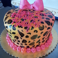 Cheetah Print Birthday Cake chocolate cake with a recess buttercream filling. Bow and skulls made of fondant.