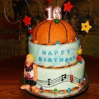16 Year Birthday Cake Basketball fondant pattern twisted & rolled two colors to get varigated hand painted music notes player is gumpaste.