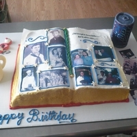 Memories photo album cake with his favorite stuff. His beer,fishing lure,coffee cup and photos of his family