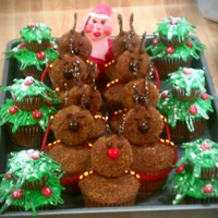 Santa Sleigh Scene Santa has his reindeer all lined up and Rudolph at the lead. Cute Christmas trees with snow and ornaments finish off the scene.