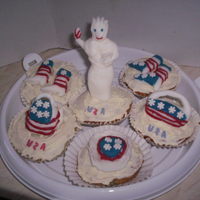 American Cupcakes For 4Th July. They're Blueberry Muffins With A Little Vanila Frosting, And I Made A Backpack, Holdall, Hat, 2 Pairs... 