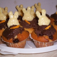 Cupcakes With Chocolate Rabbits Here's chocolate chip cucakes, with some chocolate frosting, a white choclate rabbits head I made and a little bit of orange fondant...