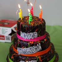 Splatter Cake Red velvet with cream cheese icing, chocolate with chocolate icing, WASC with vanilla buttercream. Covered in black fondant and splattered...