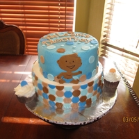 Modern Baby Shower Top tier is chocolate with chocolate ganache filling. Bottom tier is vanilla with oreos and cream filling