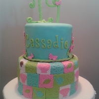 Two Tier Birthday Cake Covered In Fondant Bottom Layer In A Country Quilt Design Two tier birthday cake covered in fondant. Bottom layer in a country quilt design.