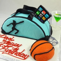 Dancer's 21St Birthday Dancer's Bag with ipod, basketball, and jello filled martini with fondant olive Dark Chocolate cake with vanilla buttercream