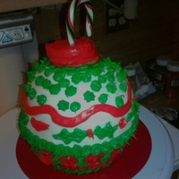 Christmas Ornament vanilla sponge cake with buttercream frosting. I used my sphere sports ball mold and a candy cane for the hook