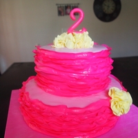 Pink Ruffle Flower Pom Cake Covered in MMF-- ruffles are a combination 30% gumpaste 70% fondant. TFL!