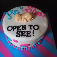 Gender Reveal Cake Vanilla cake with vanilla SMBC icing/filling, covered in MMF. Baby is MMF with tylose added.
