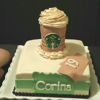 Celebration Cakes Starbucks frapuccino cake 9" square triple chocolate fudge with buttercream and fondant accents. Rice cereal frapuccino covered with...