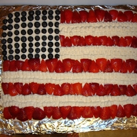 Flag Cake Rectangular cake frosted white with blueberries and strawberries for stars and stripes.