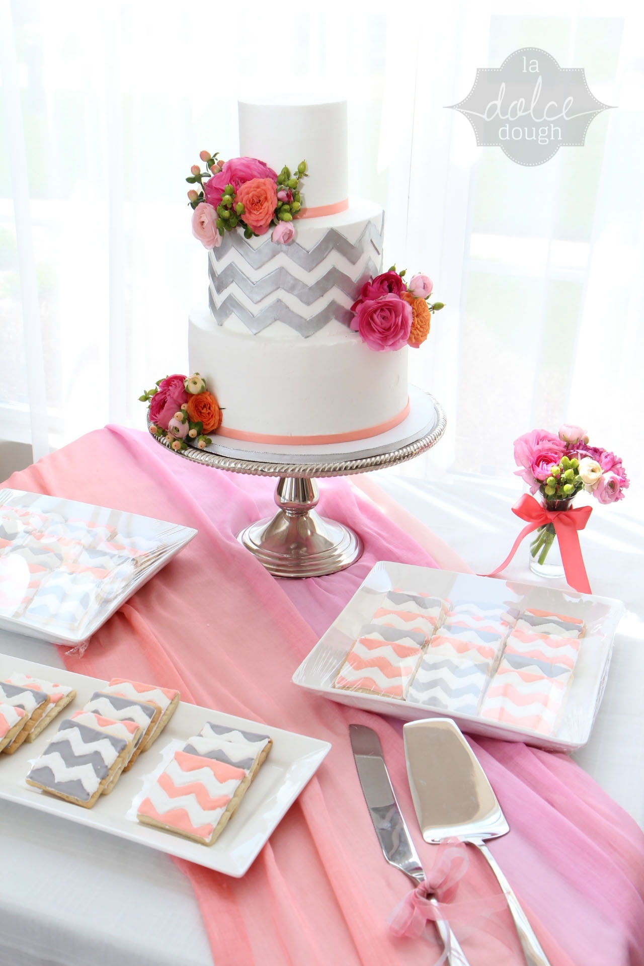 Coral Pink And Silver Chevron Bridal Shower Cake All Buttercream Except Ribbon And Chevron La Dolce Dough Coral, pink and Silver Chevron Bridal Shower Cake. All Buttercream except Ribbon and Chevron - La Dolce Dough