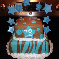 13Th Birthday Cake In Brown Chocolate Fondant And Turquoise With Zebra Print Stars And Polka Dots 13th birthday cake in brown chocolate fondant and turquoise with zebra print, stars, and polka dots