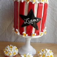 Popcorn Birthday Cake 2012-09-07 Three 6-inch cakes. Buttercream frosting and red stripes & black star are buttercream fondant. "Popcorn" mini-marshmallows...
