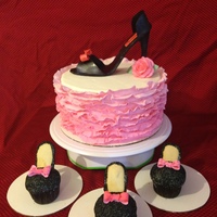 Pink Ombre Ruffle Frill Cake With Stiletto Heel Shoe And Stiletto Cupcakes Cake and Cupcakes are Cookies and Cream Cake with White Chocolate ganache.