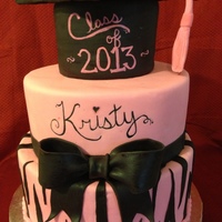 Pink And Black Zebra Stripe Graduation Cake With Graduation Cap And Black Bow Bottom Tier is Strawberry cream cake with Chocolate Ganache, Middle Tier is French Vanilla with White chocolate Ganache, Top Tier is Double...
