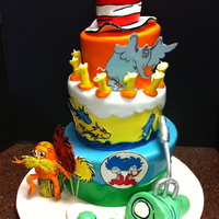 Dr. Seuss First Birthday Cake This was my first topsy-turvy cake! What fun!!!The client wanted lots of Dr. Seuss characters so we went crazy :)