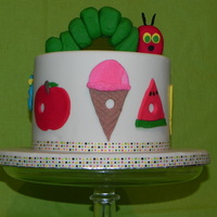 The Very Hungry Caterpillar Baby shower cake based on the childrens book The Very Hungry Caterpillar.