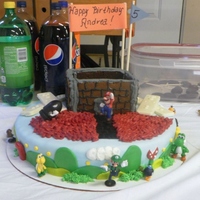 Super Mario Wii Cake Super Mario Wii Cake. Marble cake with MMF. Castle is molasses cookies and royal icing. White chocolate wii remotes also.