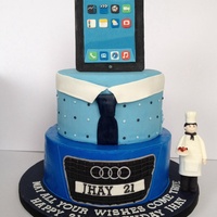 Two Tier Cake For A 21St Birthday Celebration Ipad And Chef Figure Are Fondant Two-tier cake for a 21st birthday celebration. Ipad and chef figure are fondant.